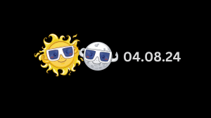 A sun and a moon, both wearing eclipse glasses