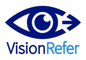 Logo - Outline of an eye with the words "Vision Refer" below it in the color blue.