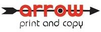 Logo for "Arrow Print and Copy" featuring a stylized black arrow running horizontally through the word "arrow" in bold red lowercase letters. Below, the words "print and copy" appear in a smaller, black rounded font.